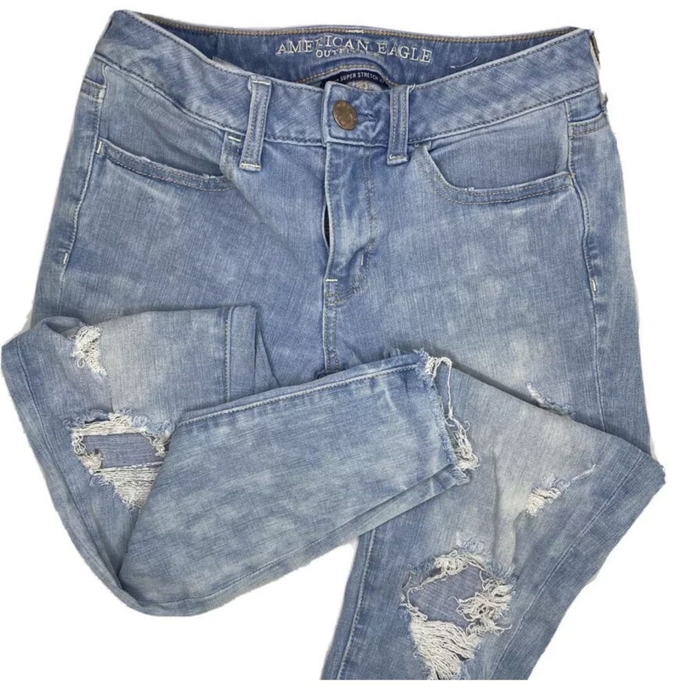 American Eagle Jegging Jeans Sz 4 Short‎ Super Stretch X4 Distressed Destroyed